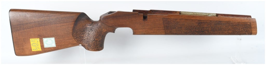 Finnish Military Competition Bolt Action Rifle Stock with Accessory Rail: This is a walnut competition-style stock designed for a bolt-action target rifle. The internal action area features light-colored glass bedding and is stamped with the serial number 2790. The stock is