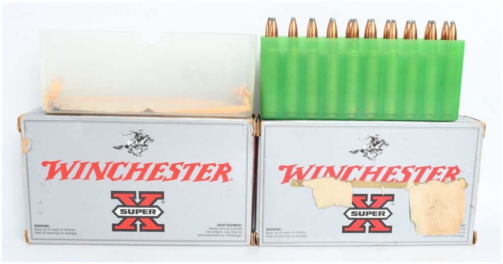 Winchester Super-X Centerfire Ammunition .284 Winchester 59 Rounds: This lot features a collection of 59 rounds of Winchester Super-X centerfire rifle ammunition chambered in .284 Winchester. The cartridges are loaded with 150 grain Power-Point soft point bullets, des
