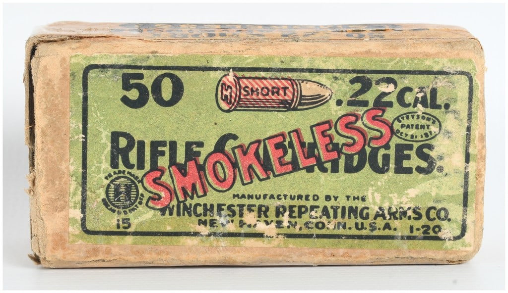 Winchester .22 Short Smokeless Rifle Target Cartridges 50 Rounds: This lot consists of a two-piece cardboard box of Winchester Repeating Arms Co. .22 Short Smokeless Rifle Target Cartridges containing 50 rounds. The ammunition is packaged in its original box featuri