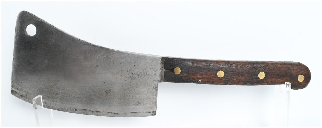 Village Blacksmith Steel Forged No. 8 Meat Cleaver: This antique professional meat cleaver is a product of the Village Blacksmith brand, produced by the Washington Cutlery Company of Watertown, Wisconsin. The tool features a heavy carbon steel blade wi