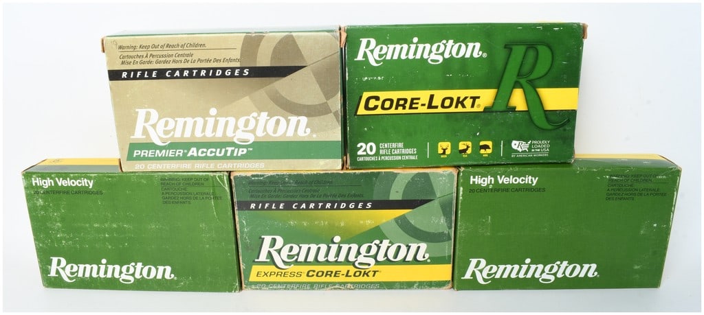 A Lot of 99 Rounds of Remington Express and Premier Ammunition .280 Remington: This lot consists of a collection of Remington brand centerfire rifle ammunition in .280 Remington caliber, totaling 99 rounds across five factory boxes. The assortment includes a variety of bullet co
