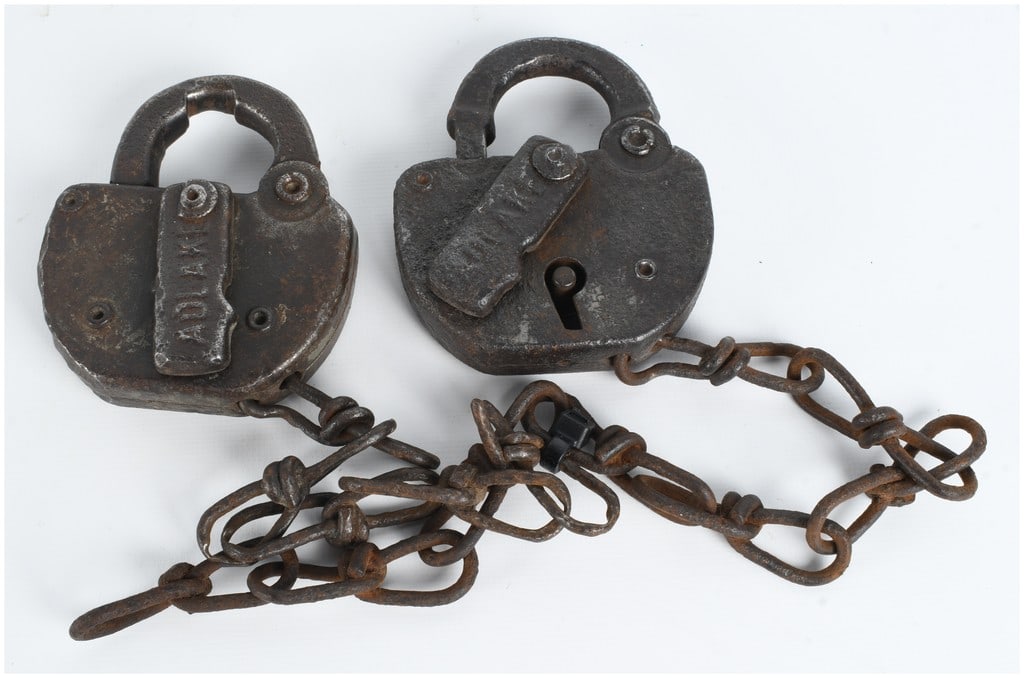 A Pair of Vintage Adlake Railroad Padlocks with Chains, CB&Q and PRR (1 of 6)