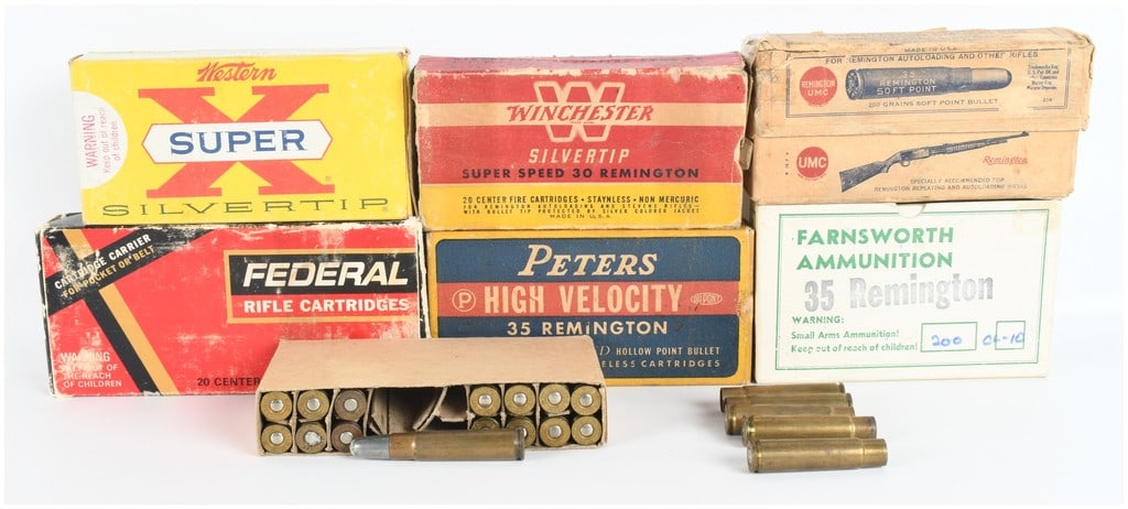 A Lot of 63 Live Rounds and 30 Empty Brass Casings Primarily .35 Remington with 6 Vintage Ammunition (1 of 6)