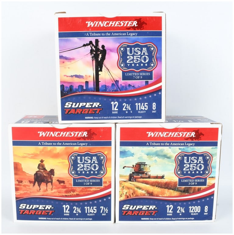 A Lot of 75 Rounds of Winchester Super-Target USA 250 Years Limited Series 12 Gauge Shotgun: A lot of 75 rounds of Winchester Super-Target 12-gauge shotgun ammunition from the USA 250 Years Limited Series. This collection consists of three individual boxes of 25 rounds each, featuring commemo