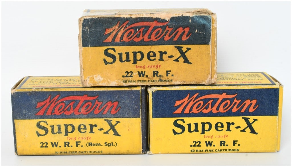 A Trio of Western Super-X Rimfire Ammunition Boxes .22 W.R.F. with 150 Rounds: This lot consists of a trio of vintage 50-count boxes of Western Super-X .22 W.R.F. (Winchester Rim Fire) long-range ammunition, totaling 150 rounds. These cartridges are presented in the classic yell