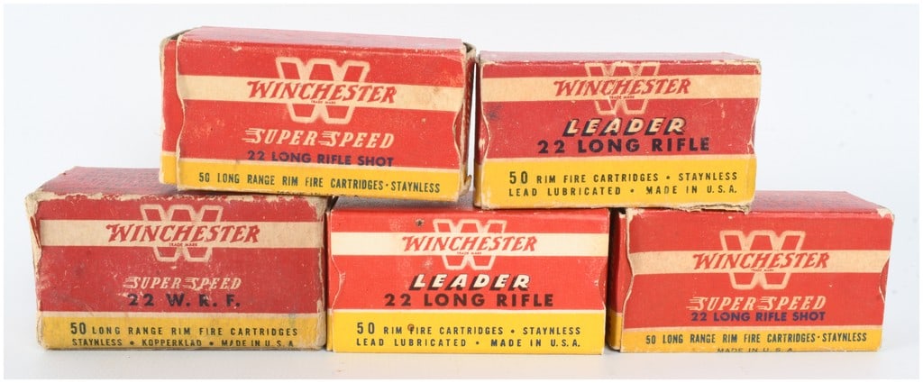 A Lot of 192 Rounds of Winchester Rimfire Ammunition .22 Long Rifle and .22 WRF: A lot of 192 rounds of vintage Winchester rimfire ammunition contained within five original cardboard boxes. This collection consists of two boxes of Super Speed 22 Long Rifle Shot, one box of Super S