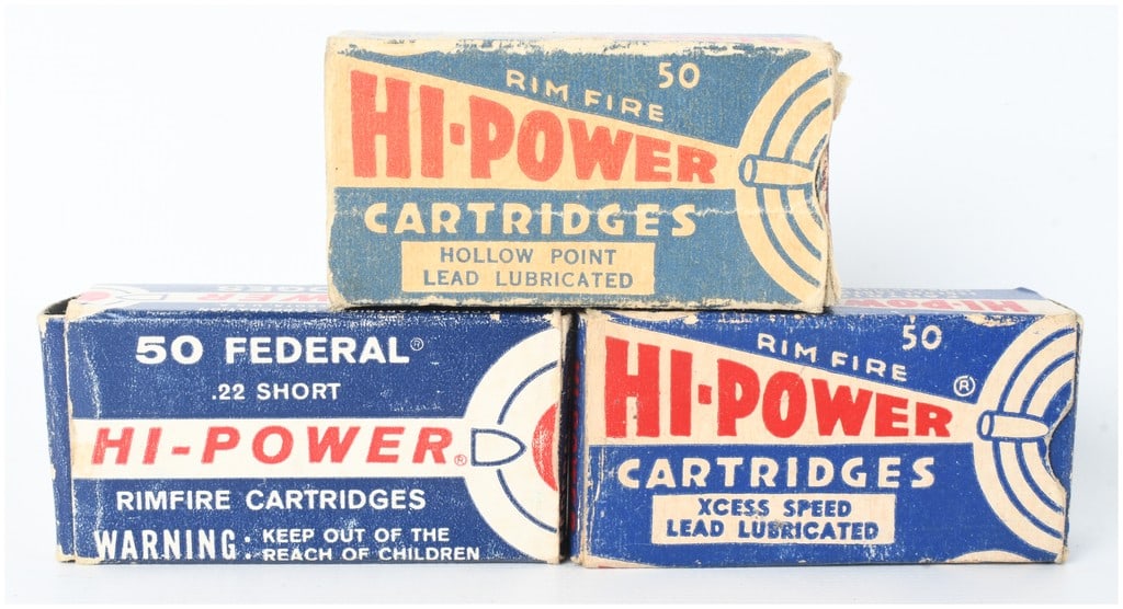A Lot of 120 Federal Hi-Power .22 Short Rimfire Ammunition Cartridges: A collection of Federal brand Hi-Power .22 Short rimfire ammunition totaling 120 rounds contained within three vintage-style boxes. This group features a variety of loads including lead lubricated hol