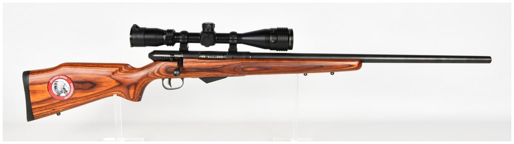 Savage Model 25 Bolt Action Rifle .22 Hornet with 24 Inch Barrel: This is a Savage Model 25 bolt action rifle chambered in .22 Hornet, configured for precision varmint shooting. The rifle features a 24-inch heavy contour barrel and a carbon steel receiver, both fini
