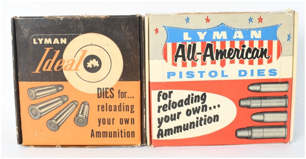 A Pair of Lyman Pistol Reloading Die Sets in .38 Special and .45 Auto: This lot consists of two distinct Lyman pistol reloading die sets housed in their original mid-century graphic packaging. The first set is a Lyman Ideal Pistol Die set designed specifically for the Tr