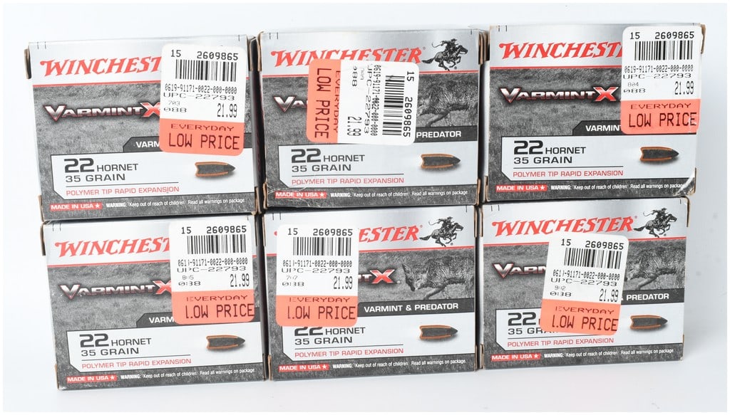 A Lot of 120 Rounds of Winchester Varmint X .22 Hornet Ammunition: This lot consists of six factory boxes of Winchester Varmint X centerfire ammunition in .22 Hornet caliber, totaling 120 rounds. Each round is equipped with a 35-grain polymer tip rapid expansion proj