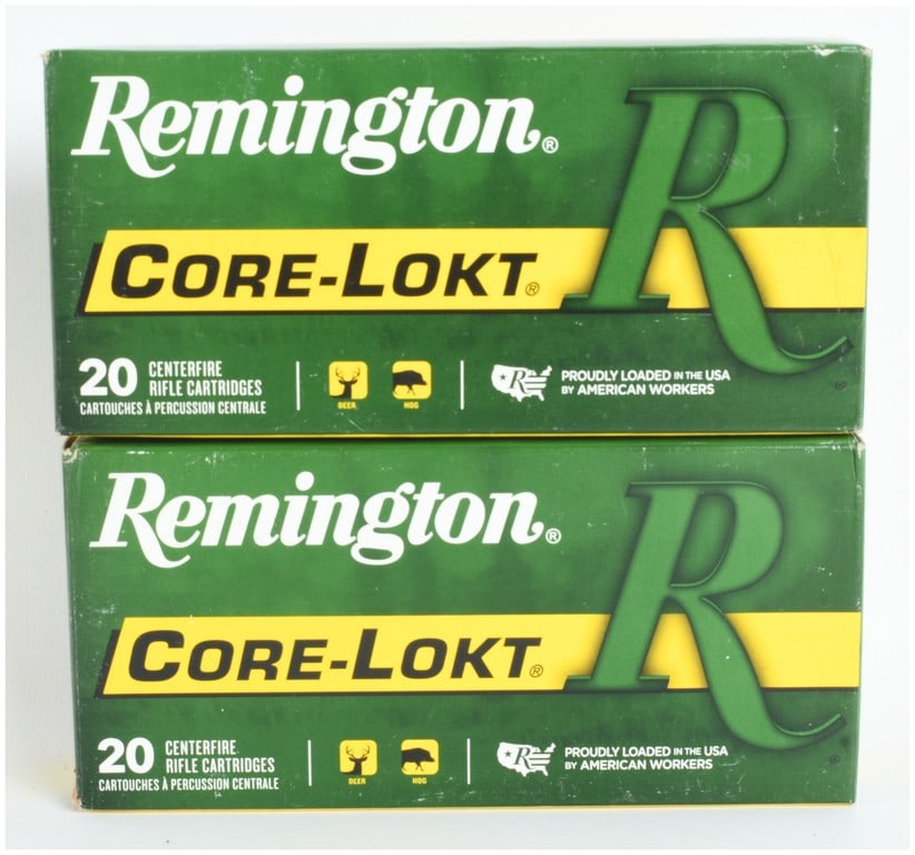 A Lot of 40 Rounds of Remington Core-Lokt 170 Grain Soft Point Ammunition .32 Win Special: This lot comprises forty rounds of Remington Core-Lokt centerfire rifle ammunition chambered in .32 Winchester Special. The ammunition is distributed across two factory boxes, each containing twenty 1