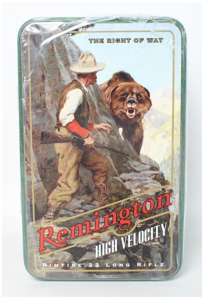 Remington High Velocity Rimfire Ammunition 22 Long Rifle with 400 Rounds: This lot features a Remington High Velocity .22 Long Rifle rimfire ammunition tin containing 400 rounds. As the second entry in the limited edition Remington Artwork series, the dark green lithographe