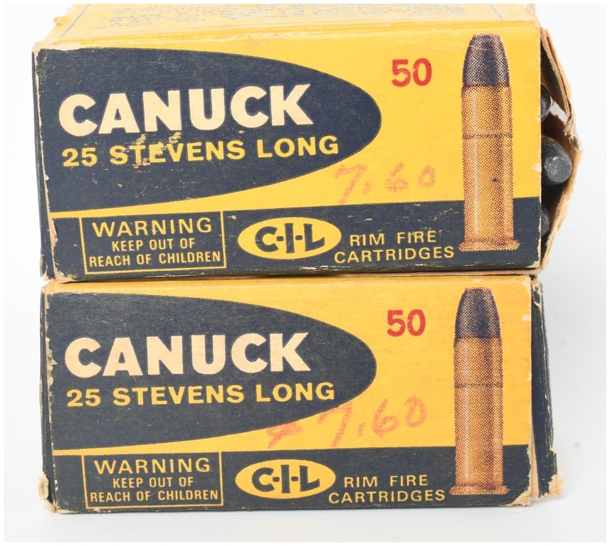 A Lot of 100 Rounds of Canadian Industries Limited Canuck .25 Stevens Long Ammunition: This lot consists of 100 rounds of .25 Stevens Long rimfire ammunition, contained within two original 50-count boxes. Manufactured by Canadian Industries Limited (C-I-L) under the Canuck brand, these 