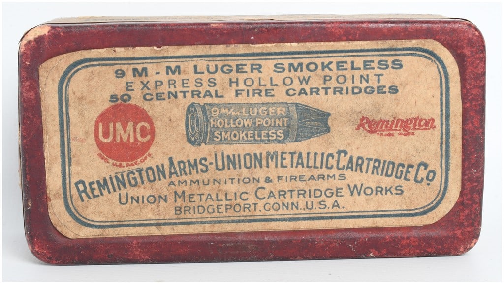 Remington Arms-Union Metallic Cartridge Co. 9mm Luger Smokeless Express Hollow Point A Lot of 34: This lot features a collection of 34 rounds of 9mm Luger ammunition contained in a vintage two-piece cardboard box from the Remington Arms-Union Metallic Cartridge Company of Bridgeport, Connecticut. 
