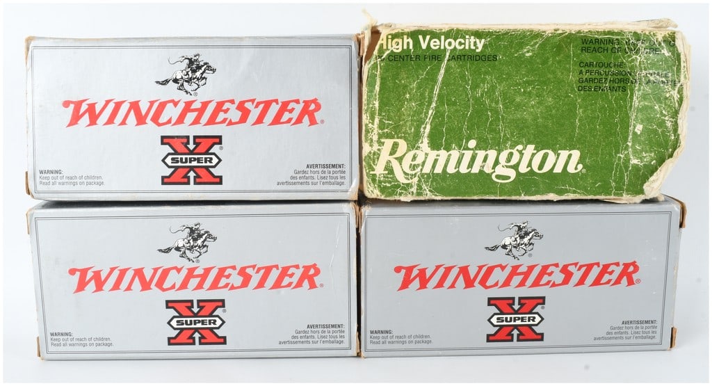 A Lot of 80 Rounds of Winchester and Remington .35 Remington Ammunition: This lot features 80 rounds of .35 RCM ammunition, comprising three boxes of Winchester Super-X and one vintage box of Remington High Velocity centerfire rifle cartridges. The Winchester ammunition is