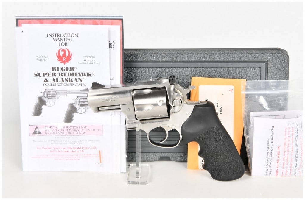 Ruger Super Redhawk Alaskan Double Action Revolver .44 Magnum with 2.5 Inch Barrel: This Ruger Super Redhawk Alaskan is a double action revolver chambered for the heavy .44 Magnum cartridge, designed for personal protection in bear country. It features a short 2.5 inch barrel and a r