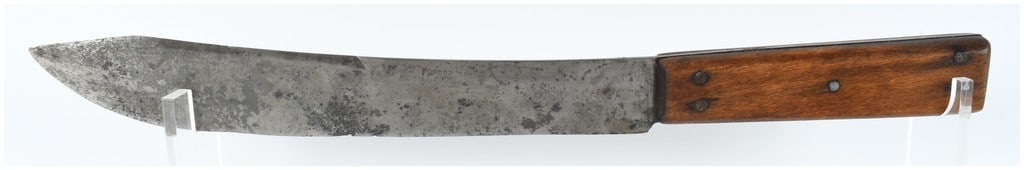 Foster Bros Carbon Steel Breaking Knife: A single professional-grade vintage butcher knife in a breaking or scimitar pattern manufactured by Foster Bros of Fulton, New York. The tool is constructed with a long, upwardly curved carbon steel b