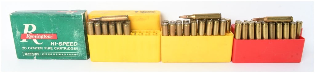 A Collection of 54 Live Rounds and 19 Empty Brass Casings of .25-06 Remington Ammunition: This lot consists of a collection of .25-06 Remington caliber rifle ammunition including 54 live rounds and 19 empty brass casings. The collection features a mix of commercial and handloaded cartridge