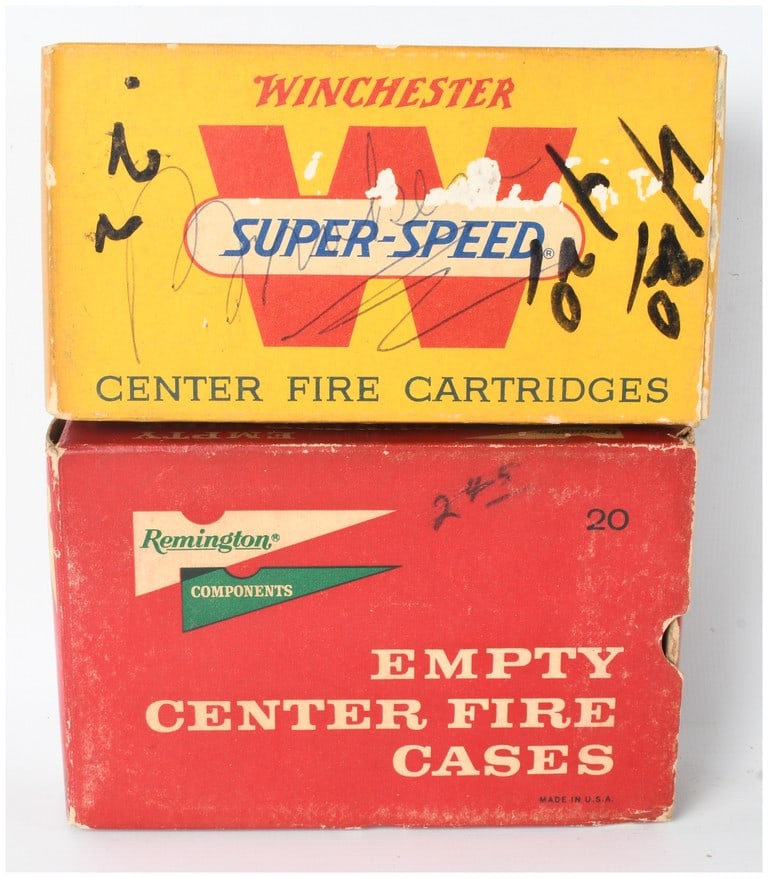A Lot of 38 Winchester and Remington .257 Roberts Ammunition and Components: This lot consists of 38 Rounds of .257 Roberts ammunition and components housed in two vintage commercial cardboard boxes. The first is a Winchester Super-Speed yellow box for 87-grain pointed soft po