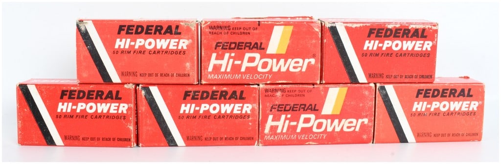 A Lot of 350 Rounds of Federal Hi-Power .22 Short Ammunition: This lot consists of 350 rounds of Federal Hi-Power .22 Short rimfire ammunition, contained within seven original cardboard boxes. The collection features two distinct packaging styles: three boxes ar