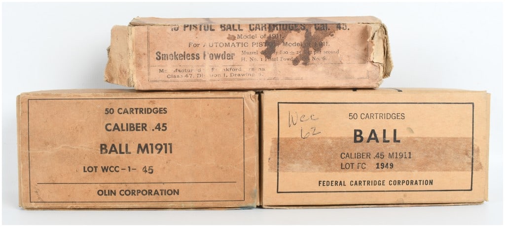 A Lot of 118 Rounds of Frankford Arsenal Olin and Federal .45 ACP M1911 Ball Ammunition: This lot features 118 rounds of .45 ACP caliber ball ammunition specifically designed for the M1911 pistol, contained within three historic manufacturer boxes. The first is a vintage two-piece box fro