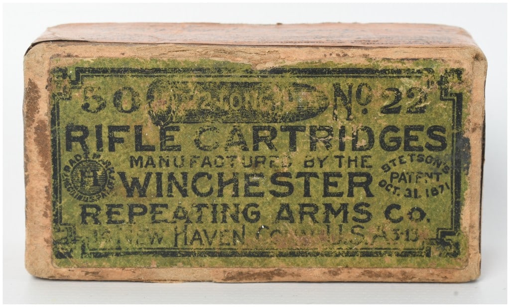 Winchester Repeating Arms Co. .22 Long Target Cartridges A Lot of 50 Rounds Antique: This lot comprises fifty .22 Long rimfire target cartridges manufactured by the Winchester Repeating Arms Co., contained in an original two-piece cardboard box. The cartridges are constructed with cop