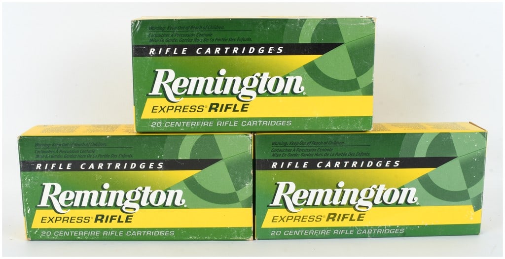 A Lot of 60 Rounds of Remington Express Rifle .222 Remington Ammunition: This lot comprises 60 rounds of Remington Express Rifle centerfire ammunition chambered in .222 Remington. The collection is contained within three original green and yellow cardboard boxes, with each
