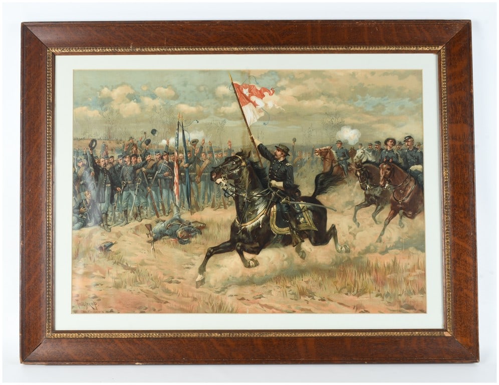 Thure de Thulstrup Sheridans Ride Chromolithograph L. Prang and Co.: This chromolithograph, titled Sheridans Ride, is after an original work by Thure de Thulstrup (1848-1930). The scene depicts General Philip Sheridan on his famous black charger, Rienzi, rallying retre