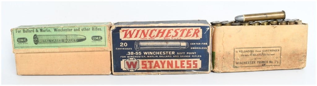 A Lot of 26 Live Rounds and 20 Empty Brass Casings .38-55 Winchester with Three Vintage Boxes (1 of 4)