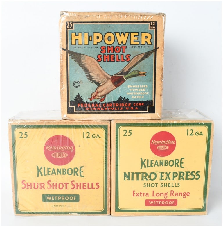 A Lot of 75 Rounds of Federal and Remington 12 Gauge Shotgun Shells: This lot consists of 75 rounds of vintage 12-gauge shotgun ammunition, comprised of three 25-count boxes. The selection includes one box from Federal Cartridge Corp. and two boxes from Remington Arms 