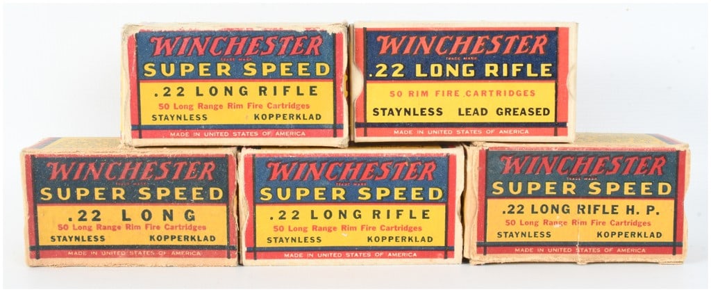 A Lot of 217 Rounds of Winchester .22 Caliber Rimfire Ammunition: This lot comprises a collection of 217 rounds of vintage .22 caliber rimfire ammunition manufactured by the Winchester Repeating Arms Co. of New Haven, Connecticut. The grouping is contained within fi