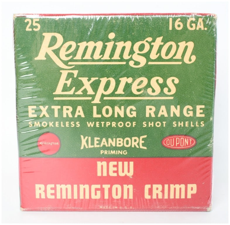 Remington Express Extra Long Range Shotgun Shells 16 Gauge 25 Rounds: This lot consists of twenty-five rounds of Remington Express Extra Long Range 16-gauge shotgun shells, housed in their original collectible cardboard packaging. The shells feature a 2 3/4-inch length,