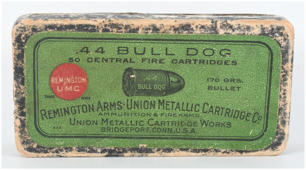 Remington Arms-Union Metallic Cartridge Co. .44 Bull Dog Ammunition A Lot of 16 Rounds: A lot of 16 vintage .44 Bull Dog central fire cartridges manufactured by the Remington Arms-Union Metallic Cartridge Co. in Bridgeport, Connecticut. This lot features 170-grain lead bullets housed in 
