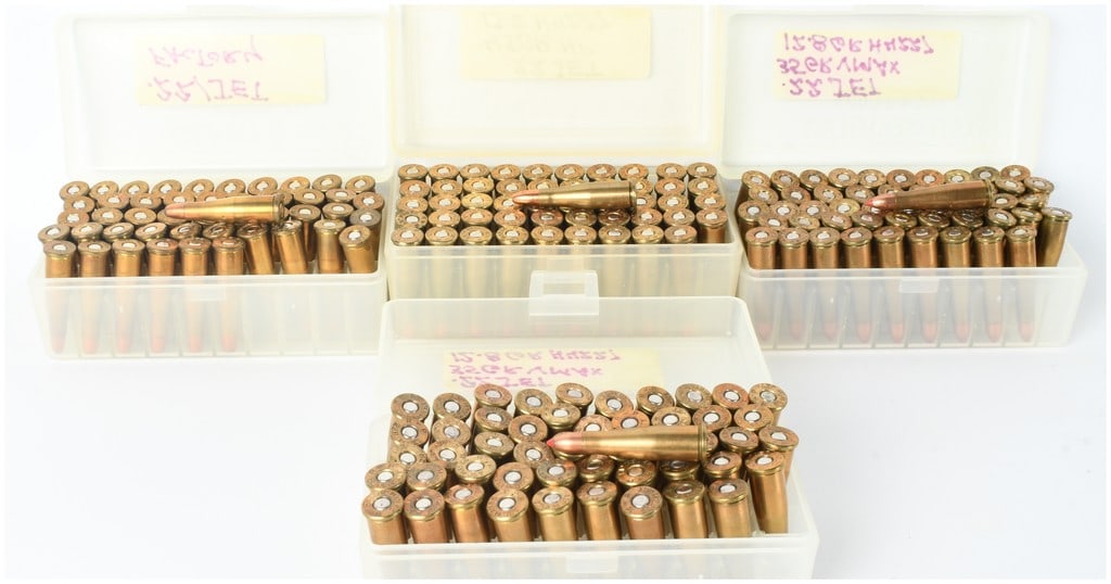 A Lot of 197 Rounds of Remanufactured .22 Remington Jet Ammunition: This lot consists of a total of 197 rounds of .22 Remington Jet centerfire ammunition, organized within four clear plastic Berry's Manufacturing storage boxes. The collection includes a variety of pro