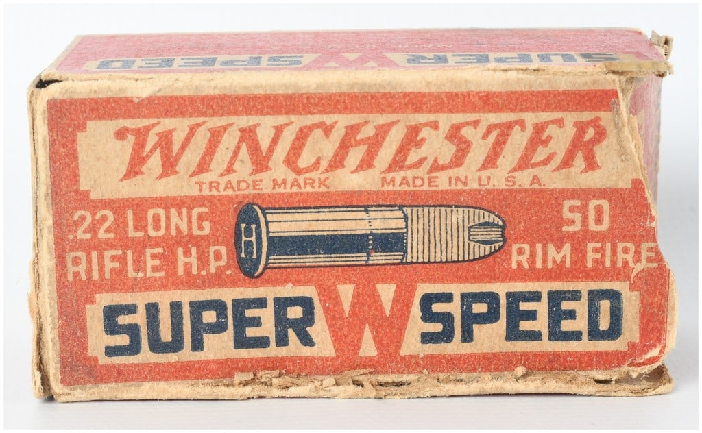 Winchester Super Speed Staynless .22 Long Rifle H.P. Rimfire Ammunition Lot of 40 Rounds: This lot features a vintage cardboard box containing a group of 40 rounds of Winchester .22 Long Rifle H.P. Super Speed Staynless ammunition. The cartridges are comprised of nickel-colored casings and