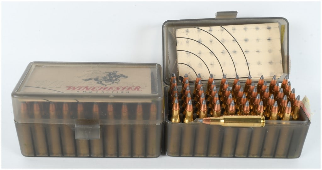 A Lot of 100 Rounds Winchester Super X Varmint Loads .222 Remington Ammunition: This lot consists of 100 rounds of Winchester Super X Varmint Loads centerfire rifle ammunition in .222 Remington caliber. The ammunition features 50-grain pointed soft point bullets seated in clean b