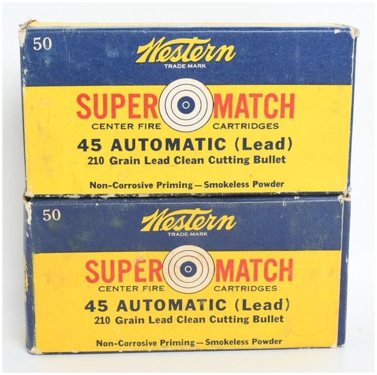 Western Super Match Centerfire Ammunition .45 Automatic: This lot consists of a group of 66 rounds of vintage .45 Automatic centerfire ammunition contained within two original Western Super Match two-piece cardboard boxes. The cartridges represent a mixed c