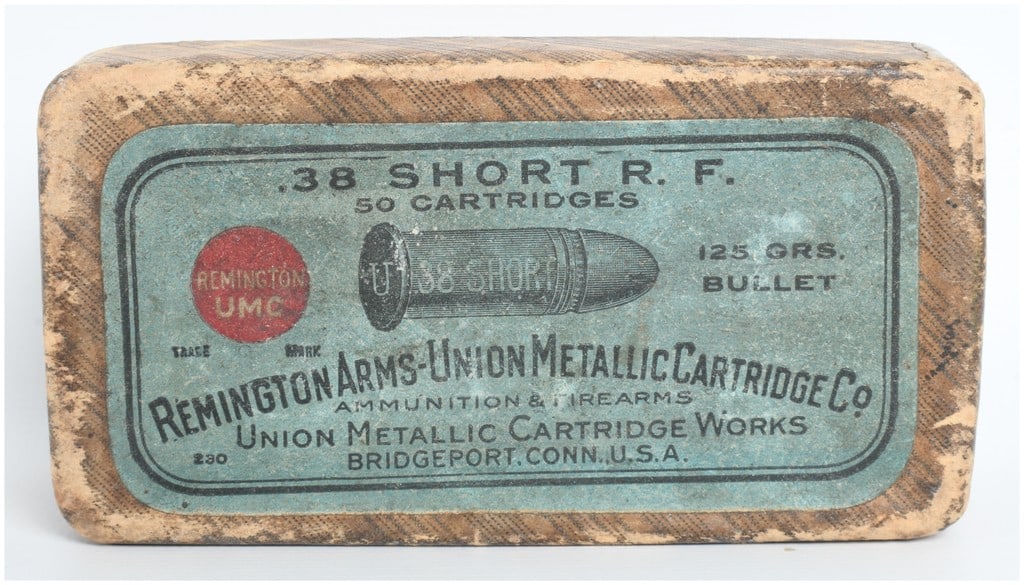 Remington Arms-Union Metallic Cartridge Co. .38 Short Rimfire Ammunition 50 Rounds: This lot features a full box of fifty cartridges of .38 Short Rimfire ammunition produced by the Remington Arms-Union Metallic Cartridge Co. at the Union Metallic Cartridge Works in Bridgeport, Connec