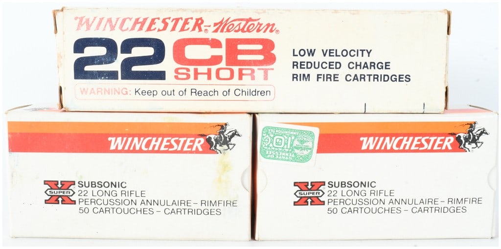 Winchester A Lot of 190 Rounds .22 Caliber Rimfire Ammunition: This lot consists of a collection of 190 rounds of rimfire ammunition manufactured by Winchester. The group includes one box of Winchester-Western 22 CB Short low-velocity, reduced-charge cartridges a