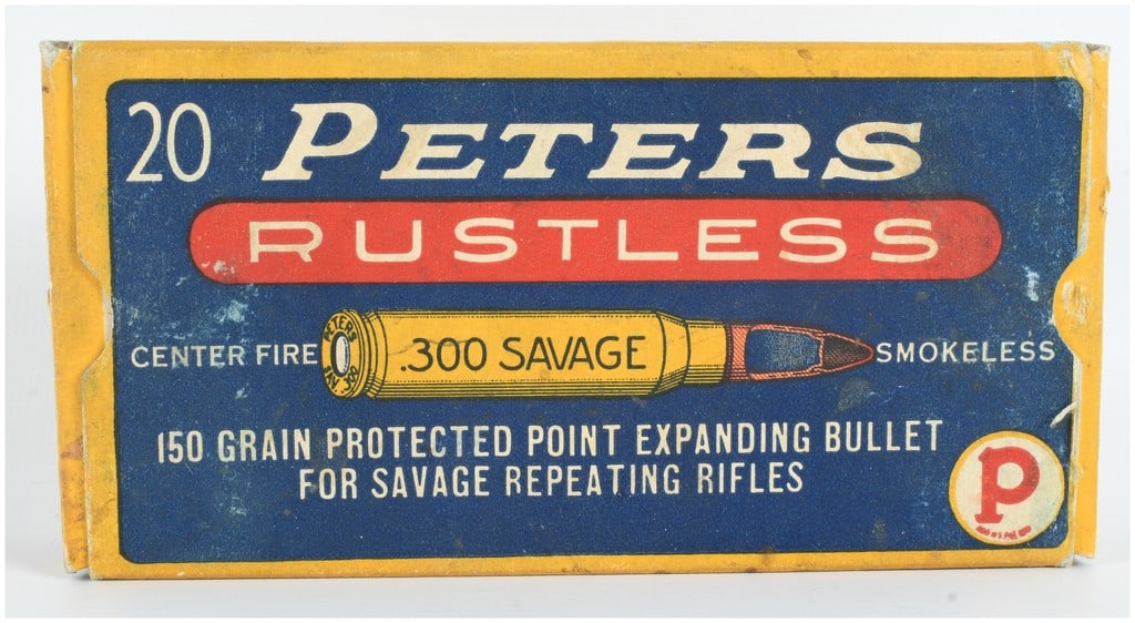 A Lot of 17 Rounds Peters Rustless Center Fire Ammunition .300 Savage: This lot consists of a total of 17 rounds of Peters Rustless center fire ammunition chambered in .300 Savage. The cartridges are loaded with 150-grain protected point expanding bullets, which are spec