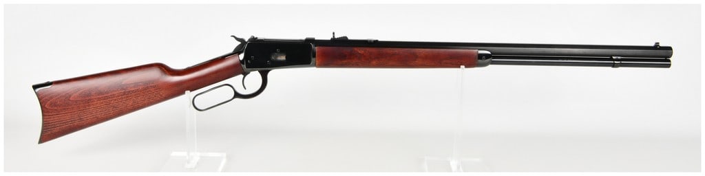 Rossi R92 Lever Action Rifle .44 Magnum with 24 Inch Octagonal Barrel: This Rossi R92 is a lever-action rifle chambered in .44 Magnum and configured with a traditional octagonal barrel and full-length tubular magazine. The firearm features a deep blued finish across its 