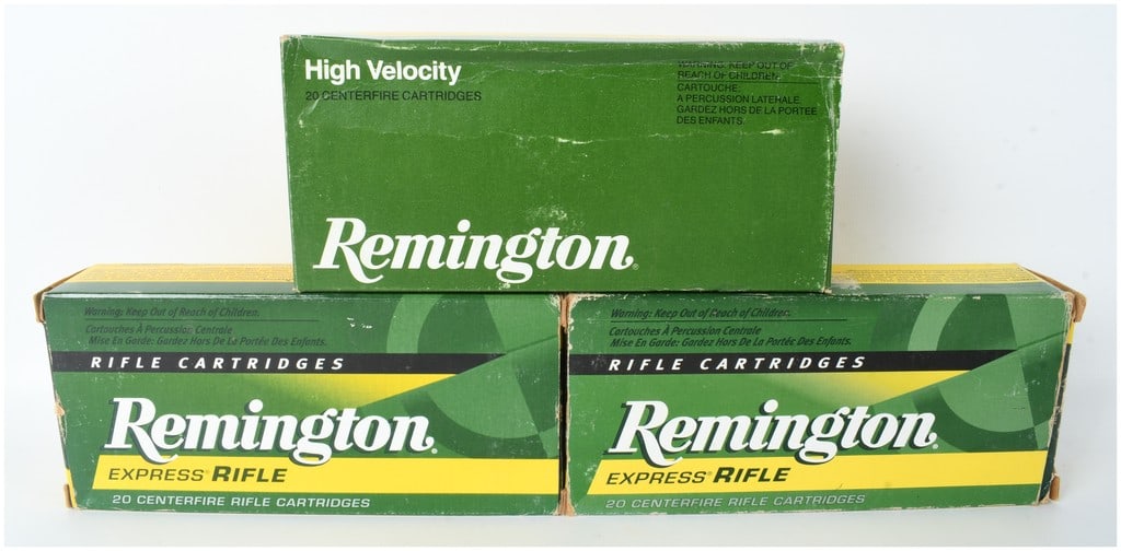 Remington Express Rifle and High Velocity Ammunition .444 Marlin 60 Rounds: This lot consists of sixty rounds of Remington centerfire rifle ammunition chambered in .444 Marlin. The collection includes one box of Remington High Velocity cartridges and two boxes of Remington Ex