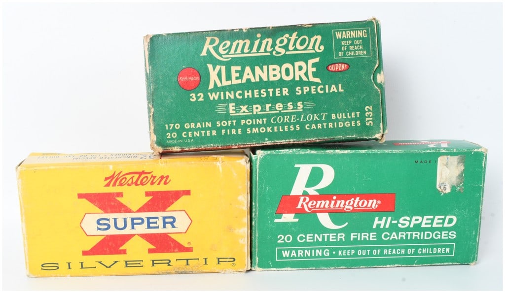 A Lot of 57 Remington and Western .32 Winchester Special and Mixed Cartridges and Casings: This lot features a collection of 57 items comprising 31 live rounds and 26 empty brass casings primarily chambered in .32 Winchester Special along with various mixed calibers. The assembly includes t