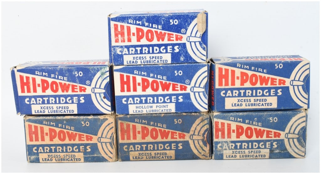 A Lot of 350 Rounds of Federal Hi-Power .22 Long Rifle Rimfire Ammunition: This lot consists of a collection of 350 rounds of vintage Federal brand Hi-Power .22 Long Rifle rimfire ammunition. The collection is comprised of seven individual cardboard boxes, each with a 50-rou