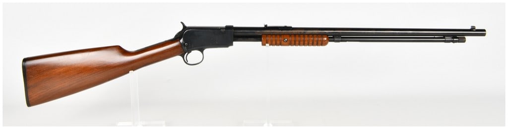 Winchester Model 06 Pump Action Repeating Rifle .22 Short, Long, or Long Rifle with 20 Inch Barrel: This Winchester Model 06 is a pump-action repeating rifle chambered for .22 Short, Long, or Long Rifle cartridges. It is configured with a 20-inch round barrel and a full-length tubular magazine. The 