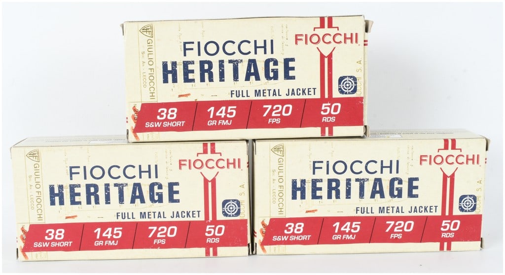 A Lot of 129 Rounds of Fiocchi Heritage Full Metal Jacket Ammunition .38 S&W Short: This lot consists of 129 rounds of Fiocchi Heritage ammunition chambered in .38 S&W Short. This ammunition features 145-grain full metal jacket projectiles designed for a muzzle velocity of 720 feet p