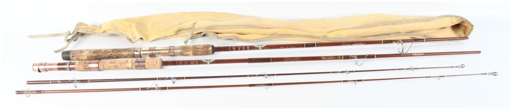 Two Fenwick Feralite Fiberglass Fishing Rods with Storage Bag: A pair of vintage Fenwick Feralite fishing rods accompanied by a yellow cloth storage bag. The collection includes a Fenwick Feralite model FS65 two-piece spinning rod and a Fenwick Feralite Voyageur 