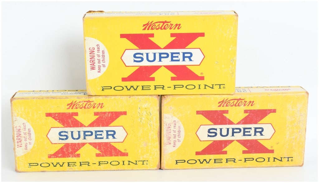 A Lot of 55 Rounds of Western Super-X Power-Point Ammunition .284 Winchester: This lot contains 55 rounds of Western Super-X Power-Point ammunition chambered in .284 Winchester. Each cartridge is loaded with a 125-grain jacketed soft point bullet seated in a brass casing. The a
