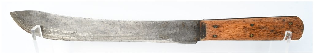 Antique Bullnose Butcher Knife with Six-Pin Wooden Handle: One antique bullnose butcher knife, likely dating to the late 19th or early 20th century. The knife is constructed with a 10-inch carbon steel blade featuring a deep, curved belly and a bullnose tip. 