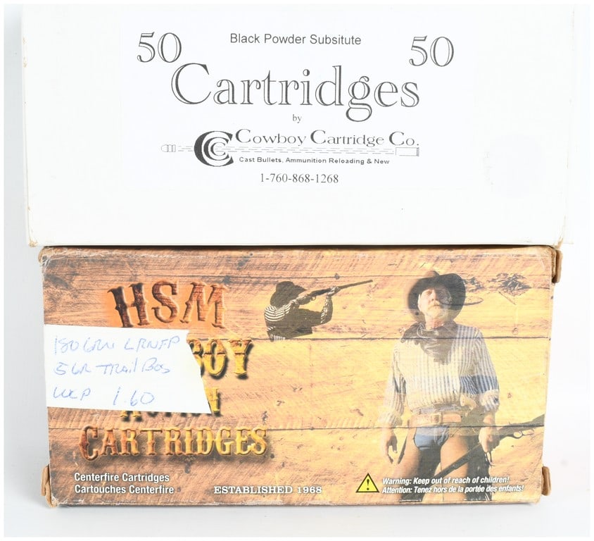 A Lot of 100 Rounds HSM and Cowboy Cartridge Co. .38-40 Winchester Ammunition: This lot consists of 100 rounds of .38-40 Winchester caliber ammunition intended for use in cowboy action shooting. The collection includes two boxes of centerfire cartridges. One box is from the Cowb